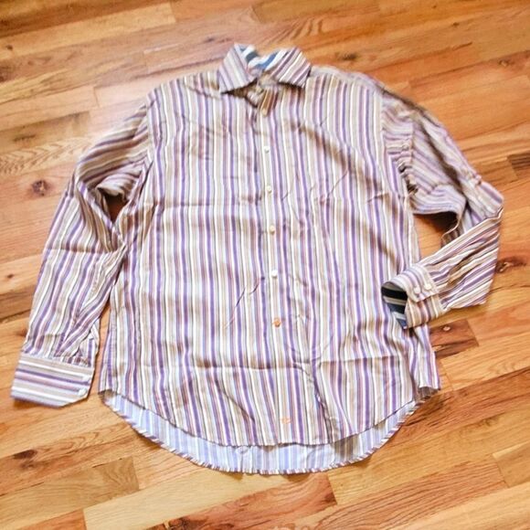 TD Thomas Dean LARGE Striped L/S Button Up Shirt Purple Gold - Picture 1 of 6